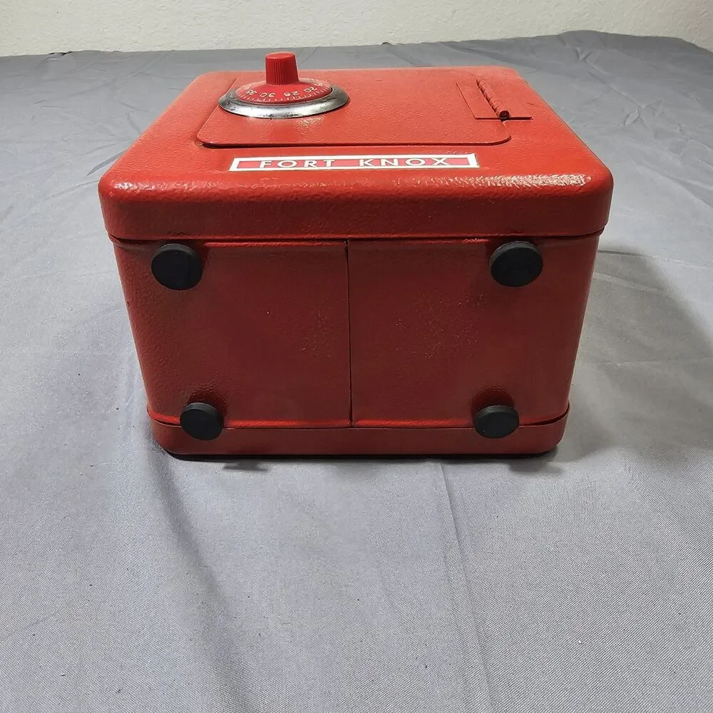 Vintage Superior Toys Red Fort Knox Metal Combination Lock Coin Bank Safe Works